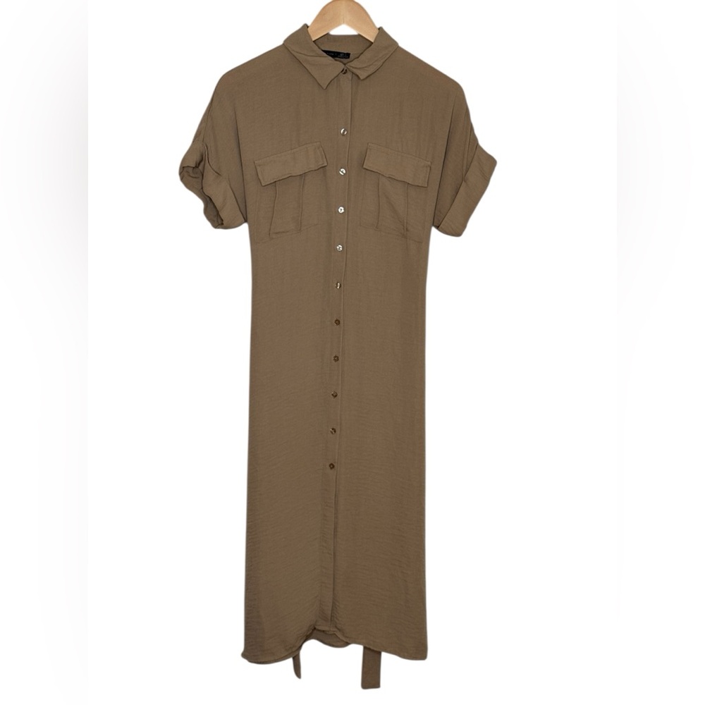Black Tape_ Brown Button Front Midi Shirt Dress Utility Minimalist Neutral Small